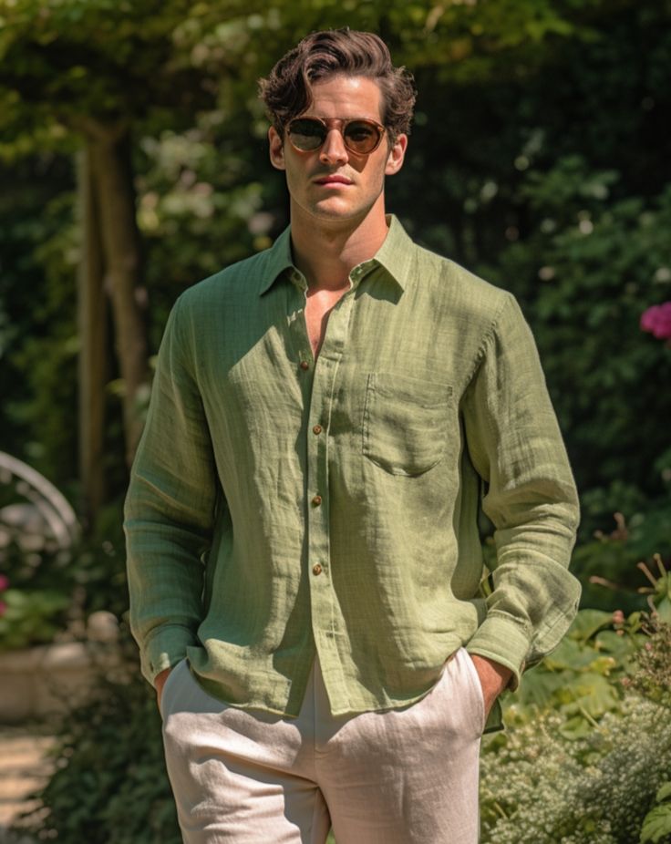 men's green linen button up shirt – forrest moonlit drift